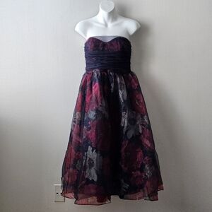 Lulus Strapless Floral Organza Midi Dress - Navy Blue & Magenta - Size M